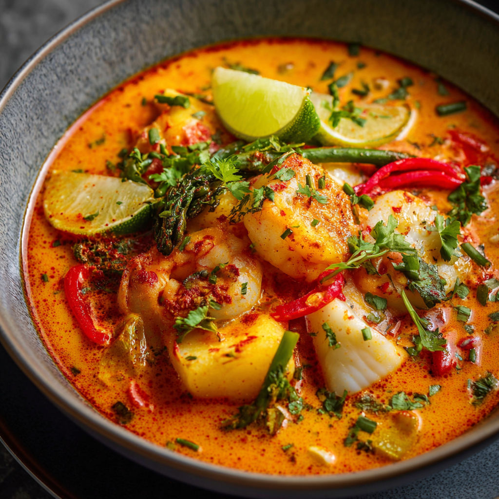 A bowl of Moqueca Brazilian Fish Stew, filled with a variety of vegetables and seafood, is served on a dining table.