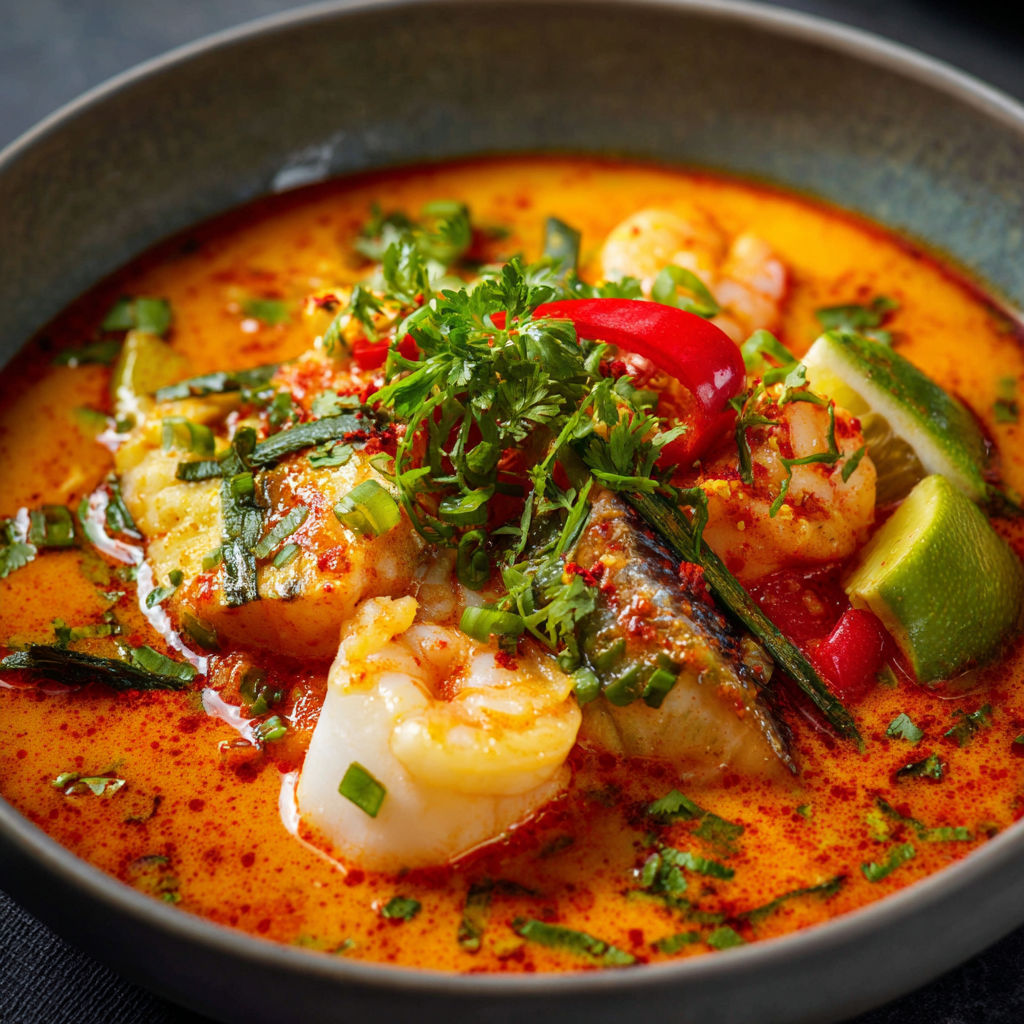 A bowl of Moqueca Brazilian Fish Stew, featuring shrimp, red peppers, and herbs, is served in a bowl.