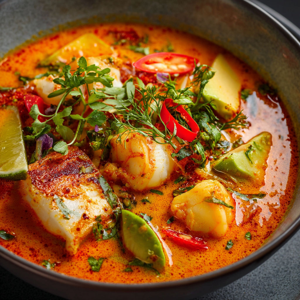 A bowl of Moqueca Brazilian Fish Stew, filled with various ingredients such as shrimp, avocado, and red peppers.