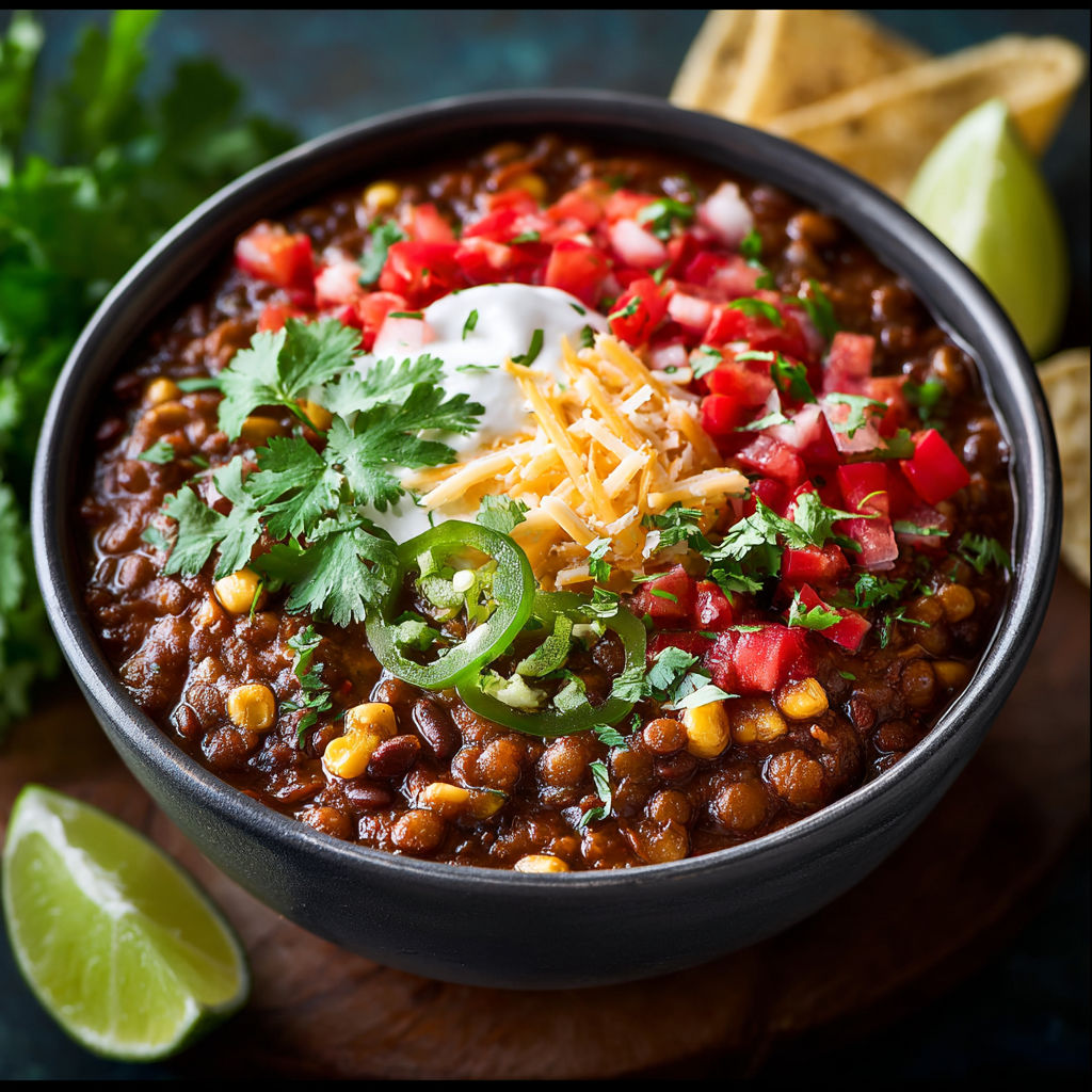 A bowl of Slow Cooker Lentil Taco Chili is filled with a variety of ingredients, including beans, tomatoes, and cheese.