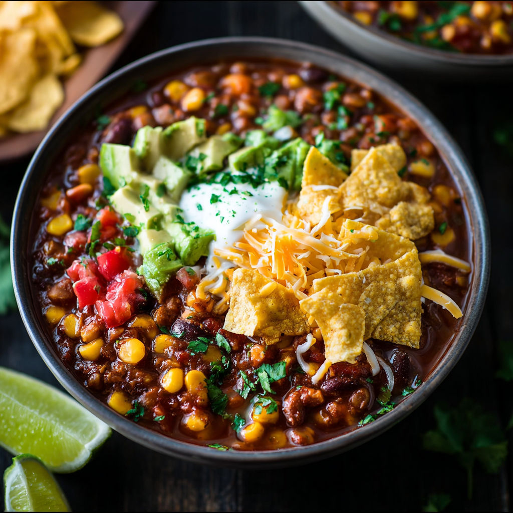 A bowl of chili with chips on top, topped with guacamole and sour cream.