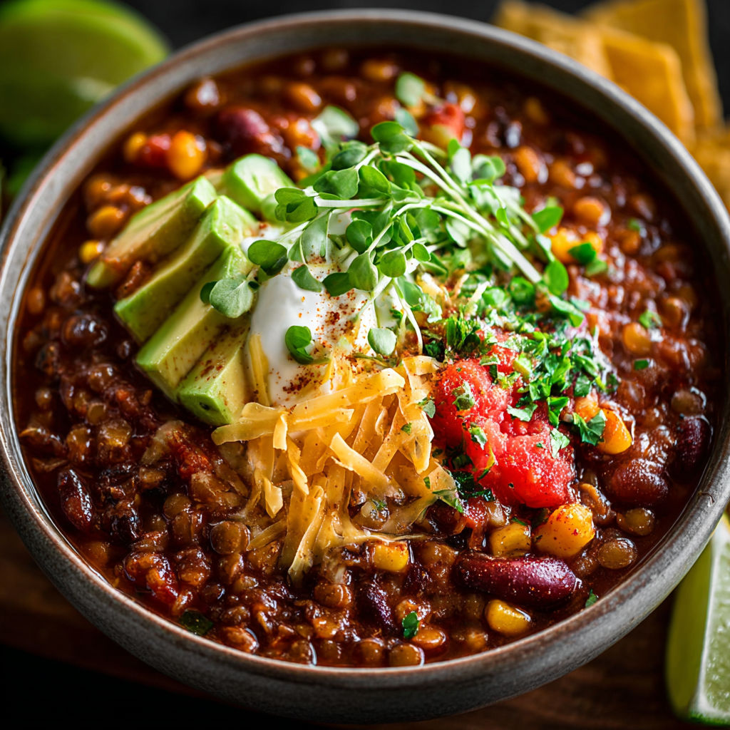 A bowl of chili with a variety of toppings, including cheese, avocado, and tomatoes.
