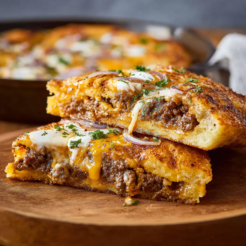 A Patty Melt Pizza is served on a wooden cutting board.