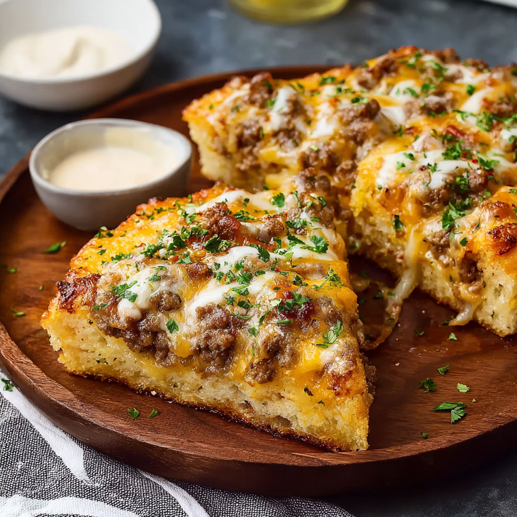A slice of Patty Melt Pizza on a wooden cutting board.
