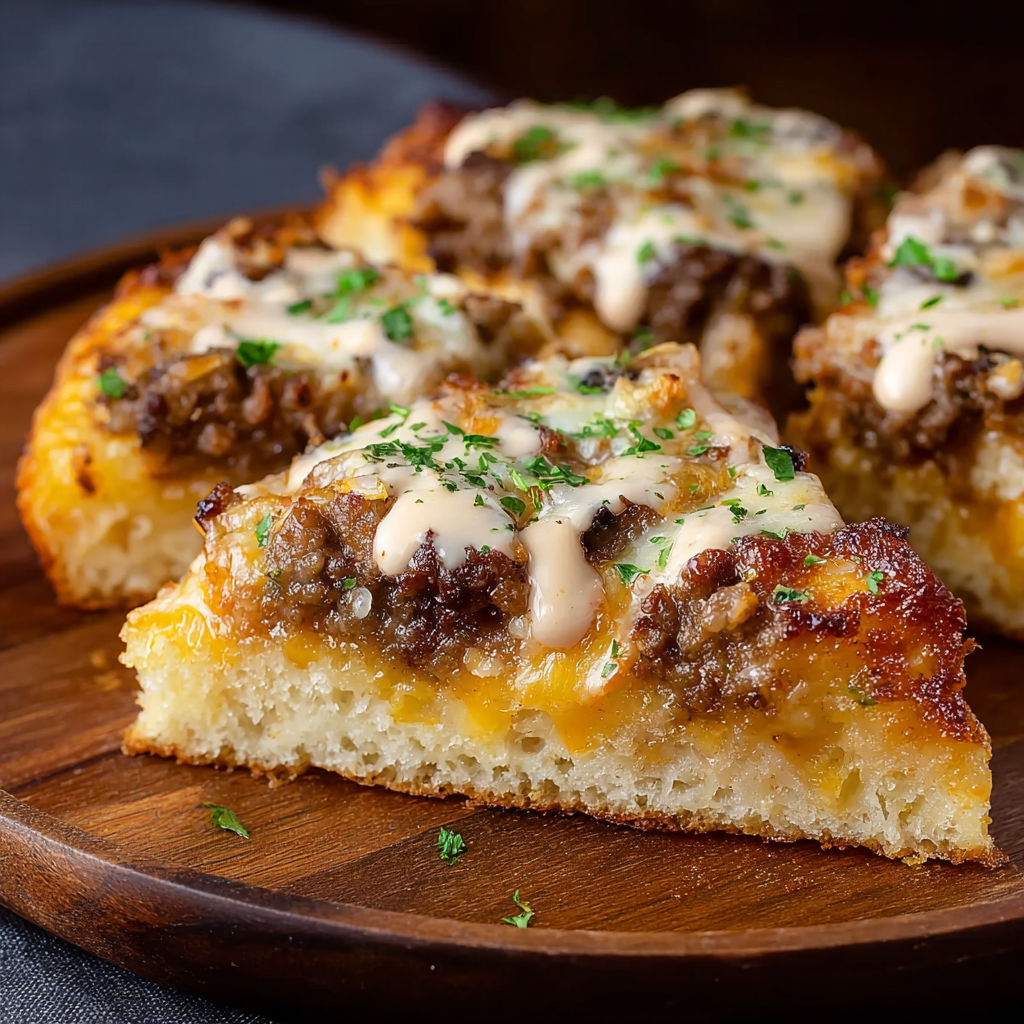 A delicious Patty Melt Pizza is served on a wooden platter.