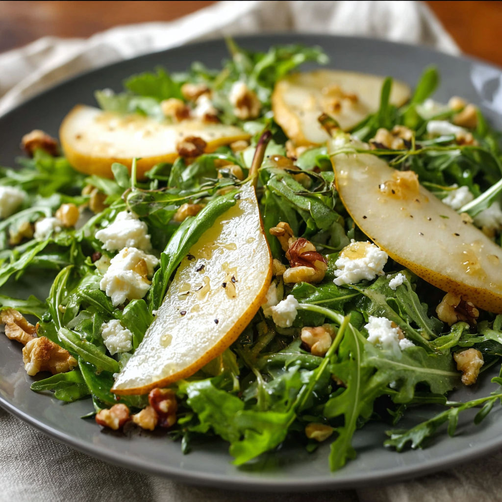 A plate of salad with apples, nuts, and greens, topped with feta cheese.