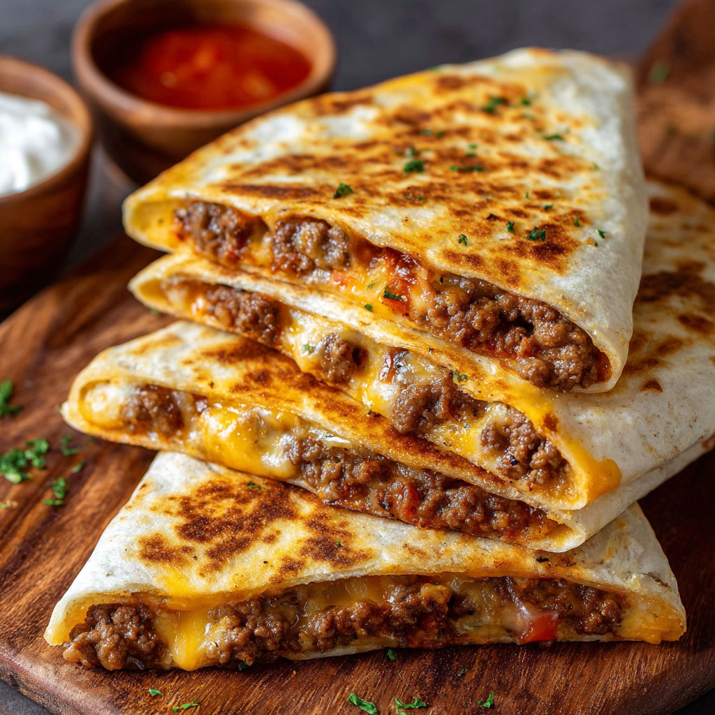 A stack of Mexican food, including burritos and enchiladas, is displayed on a wooden cutting board.