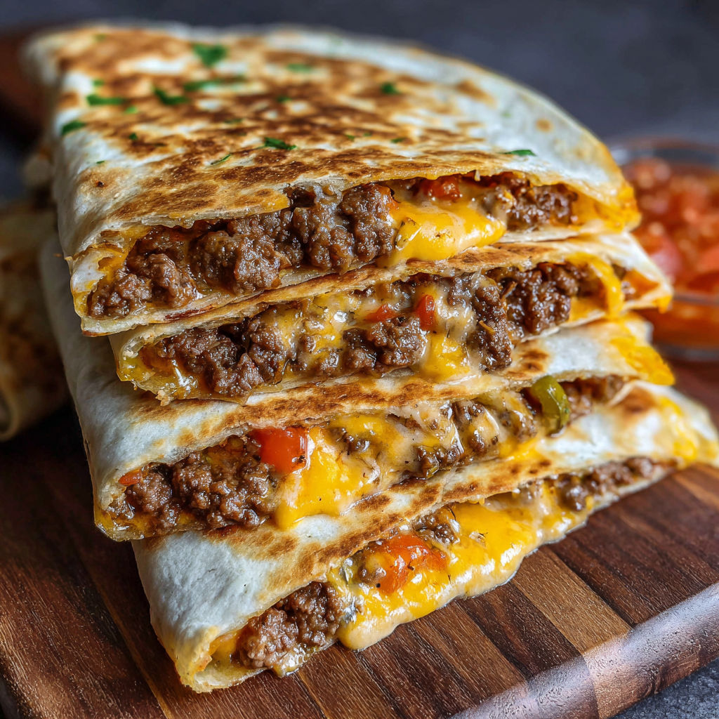 A stack of three burritos with cheese and peppers on a wooden table.