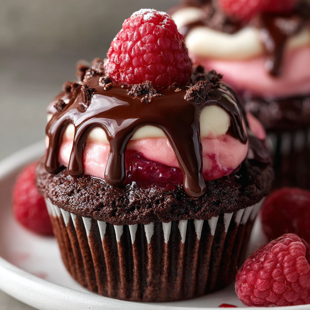 A delicious chocolate cupcake with raspberries on top, drizzled with chocolate sauce.
