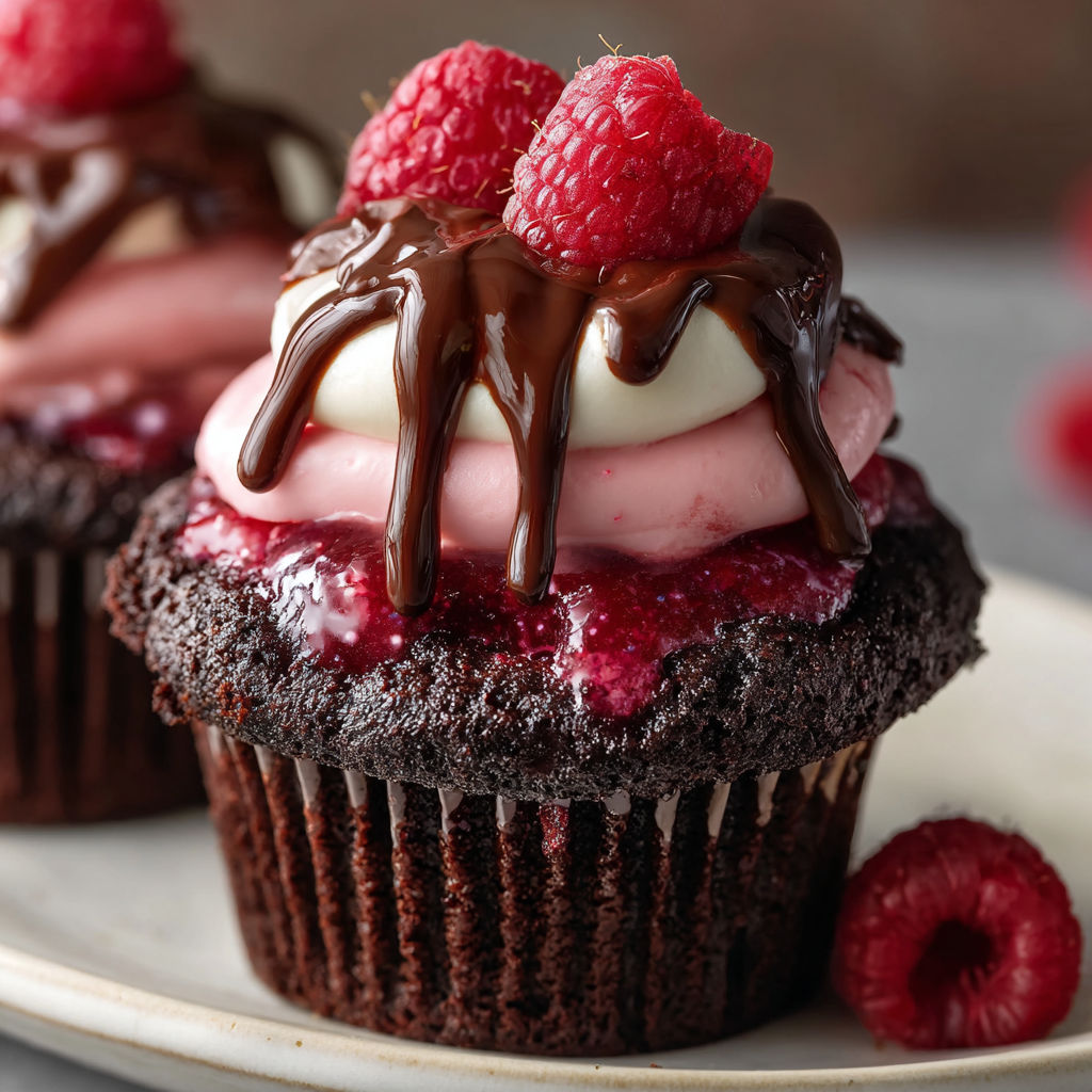 A delicious chocolate cupcake with raspberry toppings and drizzled with chocolate sauce.