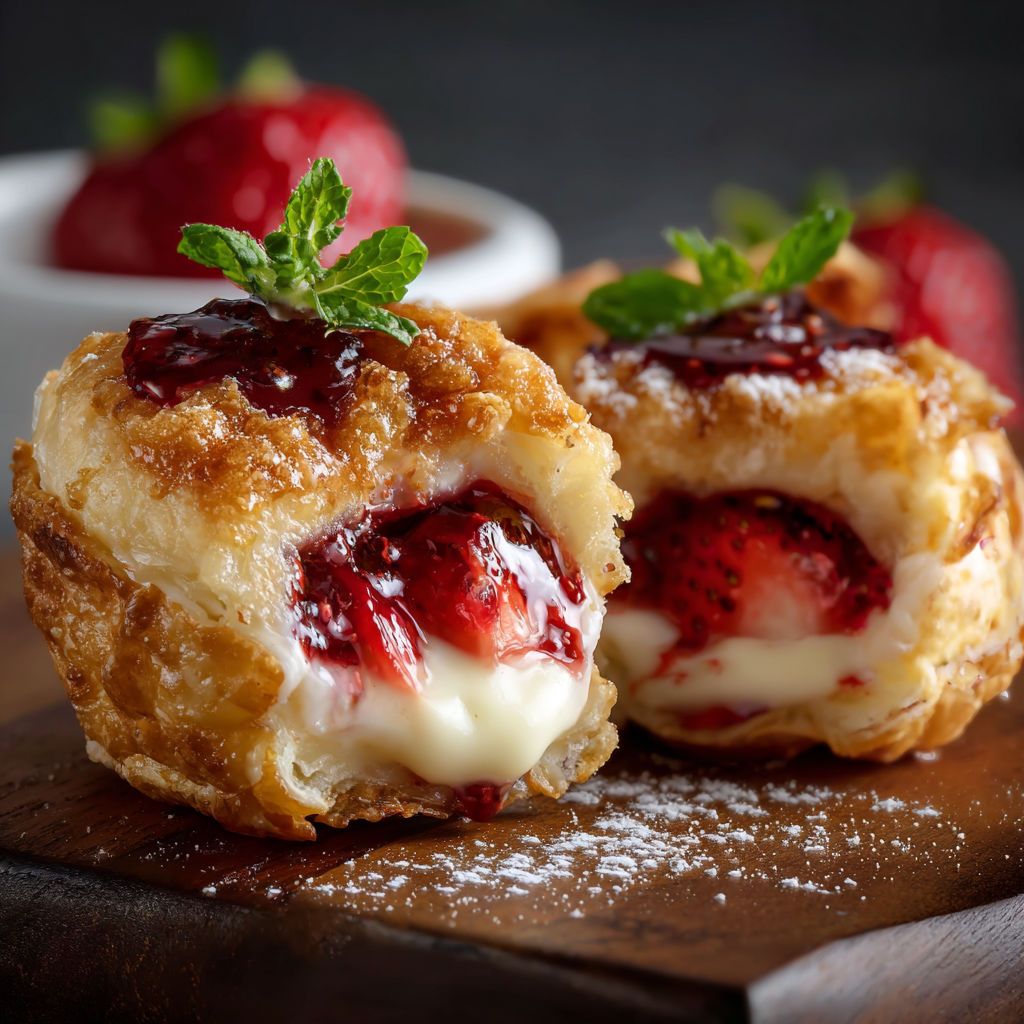 Two pieces of deep fried strawberry cheesecake pies with whipped cream on top.