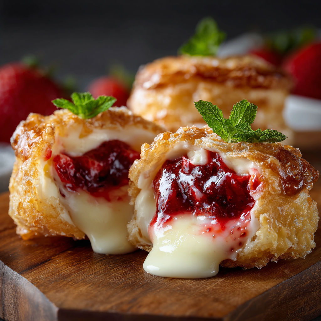 A pastry with a strawberry on top is sitting on a wooden cutting board.