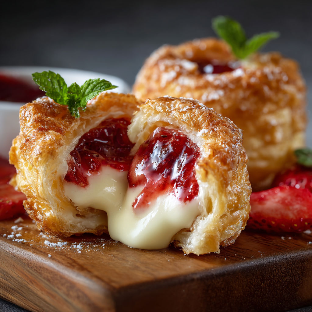 A delicious dessert made with strawberries and cream, served on a wooden platter.