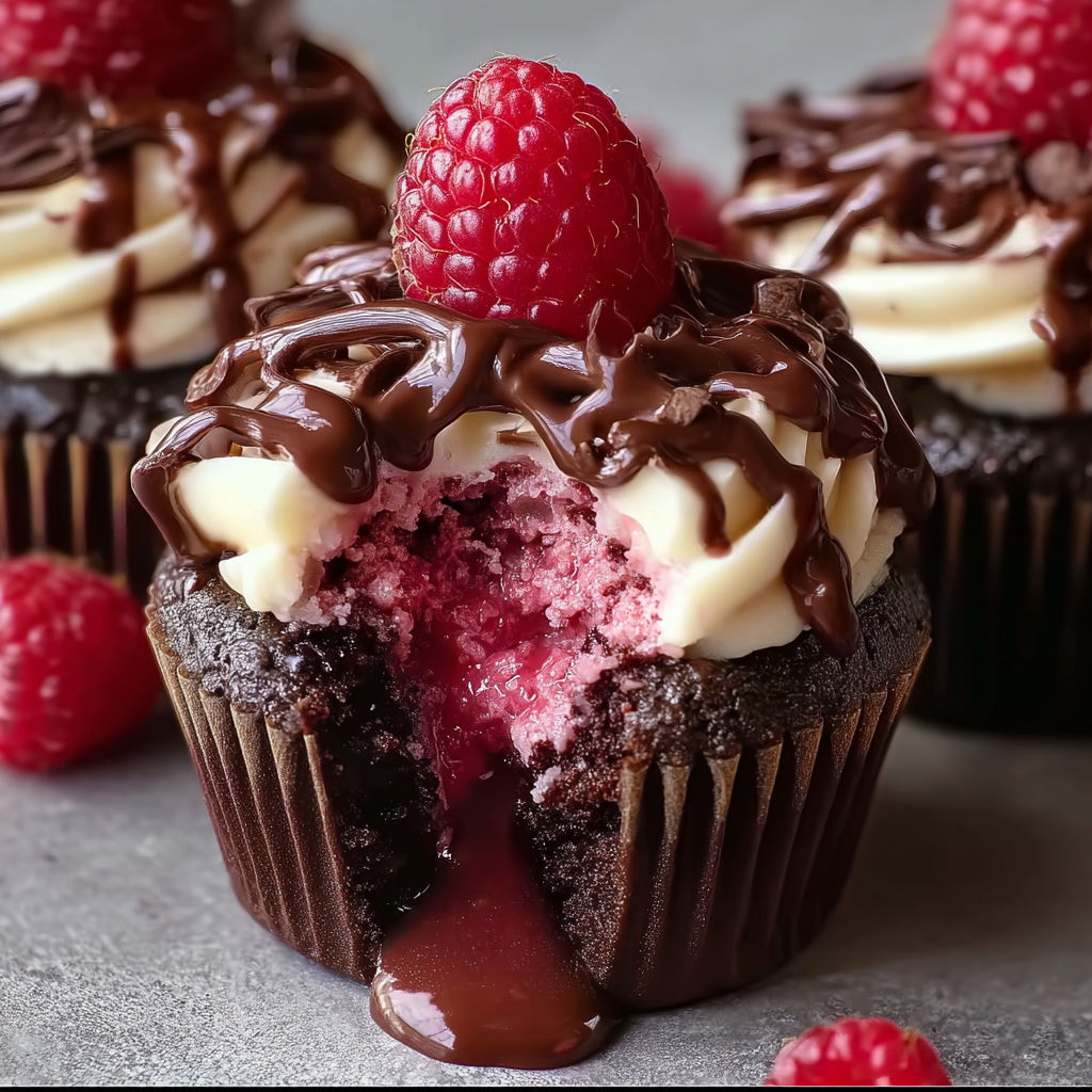 A cupcake with chocolate and raspberry toppings.