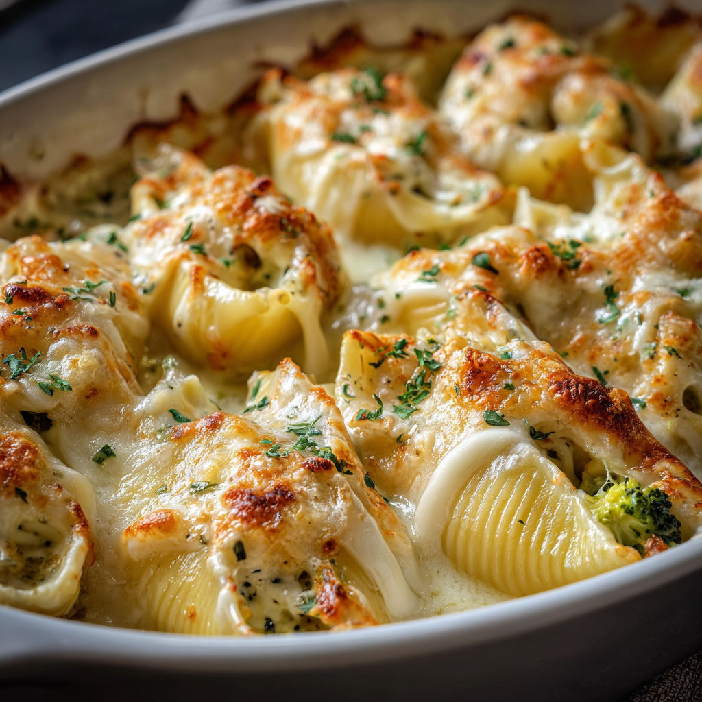A dish of lasagna with cheese and broccoli.