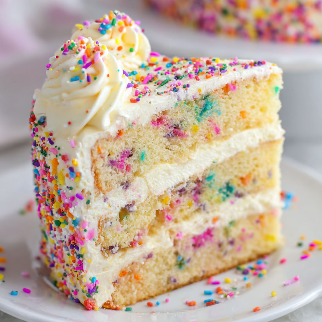 A slice of cake with white frosting and colorful sprinkles on a plate.