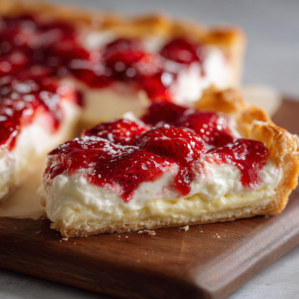 A slice of strawberry cheesecake pie on a wooden cutting board.