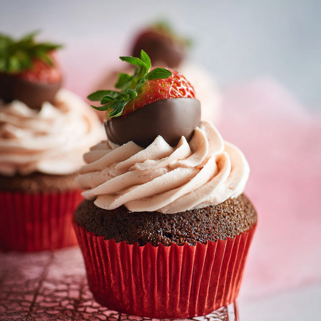 A chocolate cupcake with a strawberry on top.