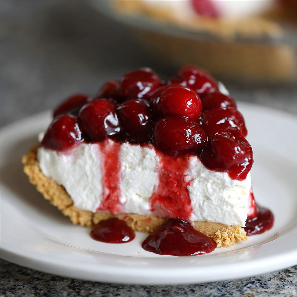 A slice of cherry cheesecake with a cherry on top.