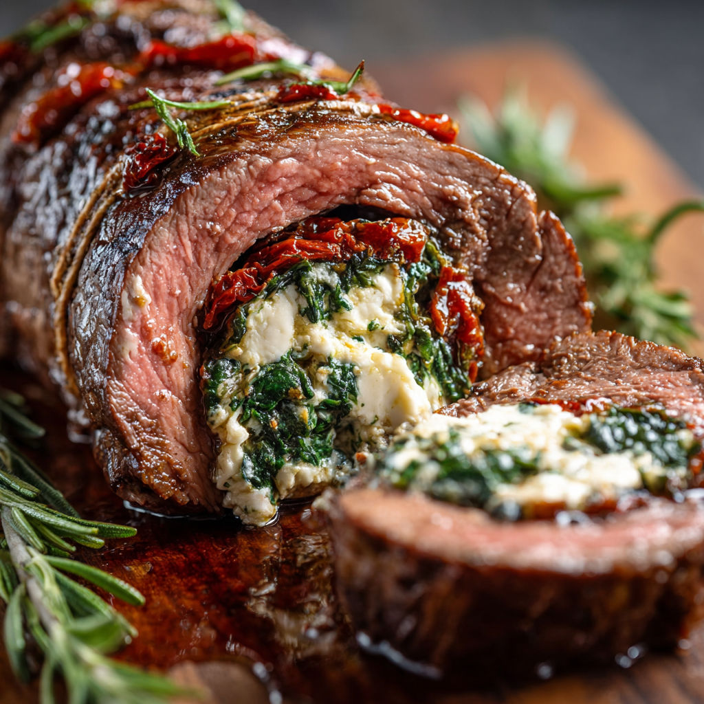 A delicious stuffed flank steak, topped with cheese and herbs, sits on a wooden cutting board, ready to be cooked and enjoyed as an irresistible family dinner delight.