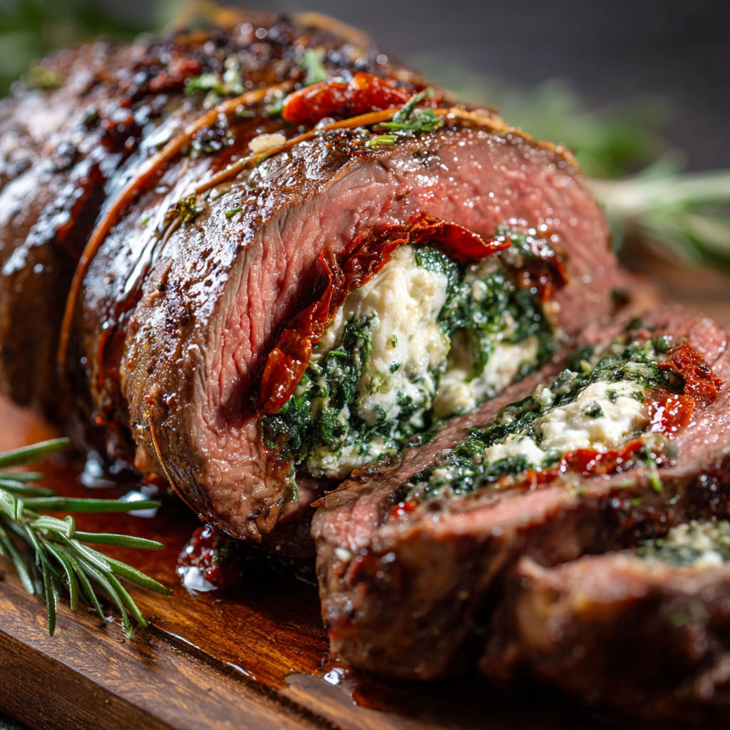 A delicious stuffed flank steak with a side of greens, ready to be cooked and enjoyed as an irresistible family dinner delight.