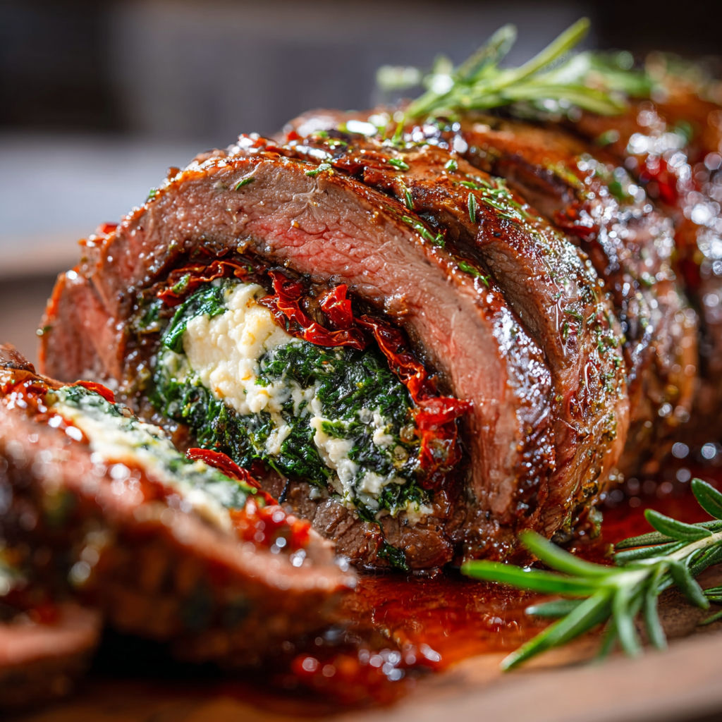 A delicious stuffed flank steak with a variety of vegetables and herbs, making it an irresistible family dinner delight.