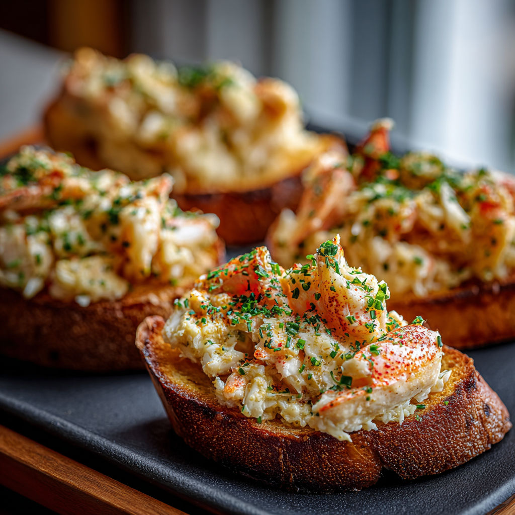 A plate of bread with crab meat and herbs on top.