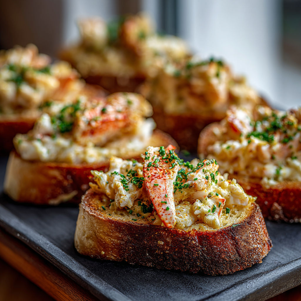 A plate of bread with crab cakes on top.