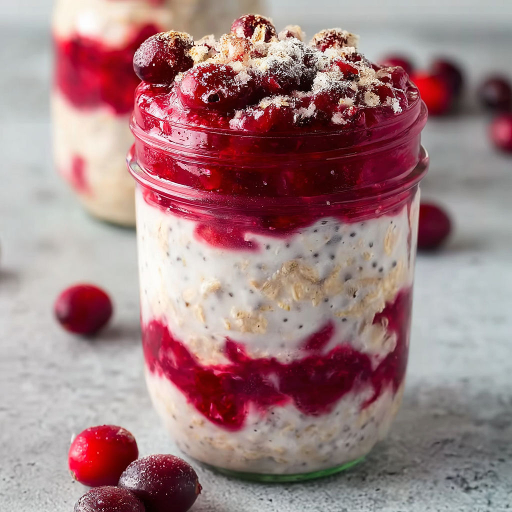 A glass jar filled with Cranberry Overnight Oats.