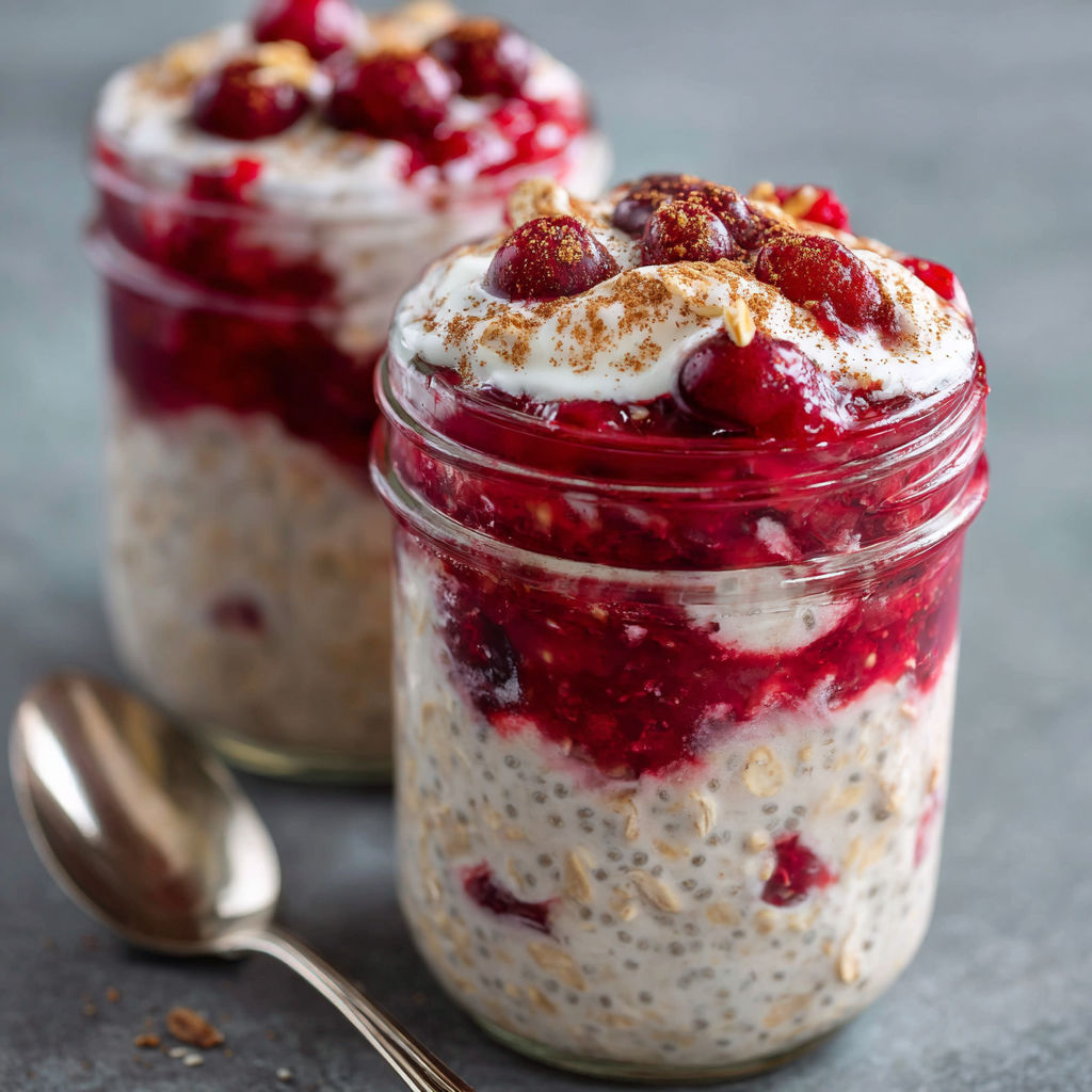 Two jars of Cranberry Overnight Oats, one with a spoon in it.
