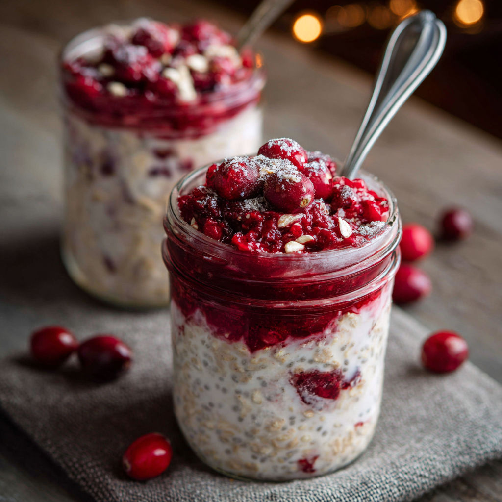 Two jars of Cranberry Overnight Oats, one with a spoon in it.