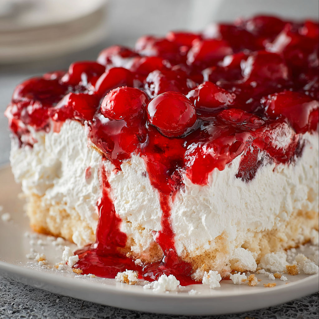 A slice of Cherries in the Snow cake with red sauce dripping off it.