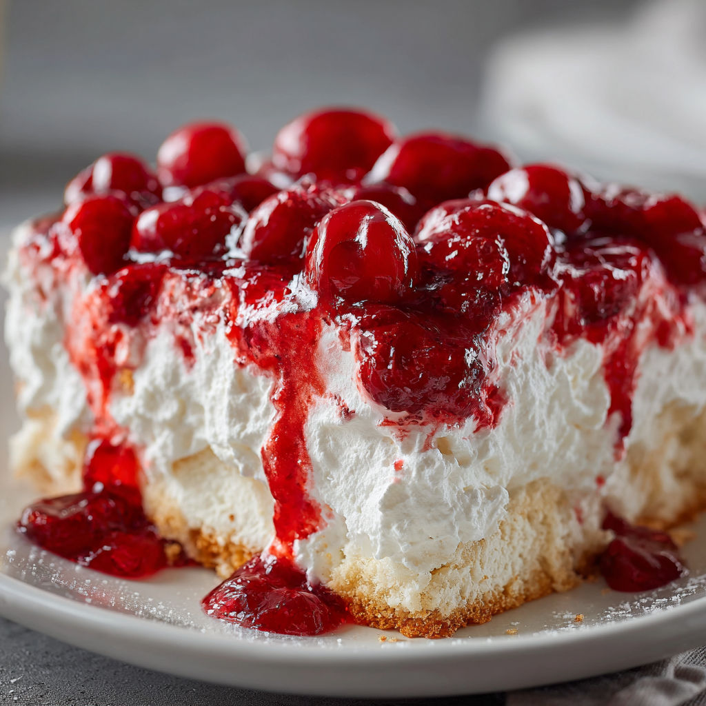 A slice of cake with white frosting and cherries on top.