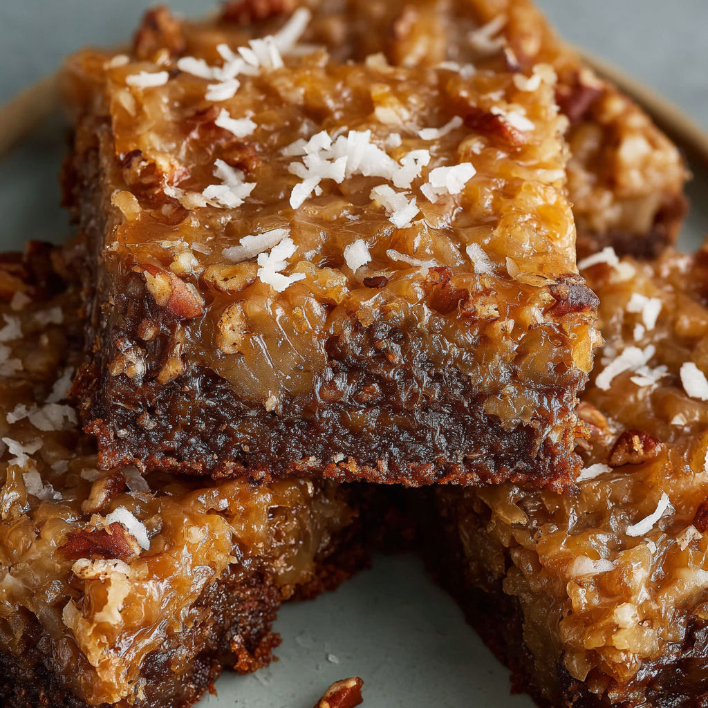 A delicious German Chocolate Pecan Brownies dessert with a generous amount of coconut flakes on top.