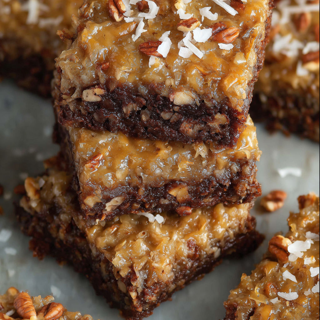A close up of a delicious German Chocolate Pecan Brownies.