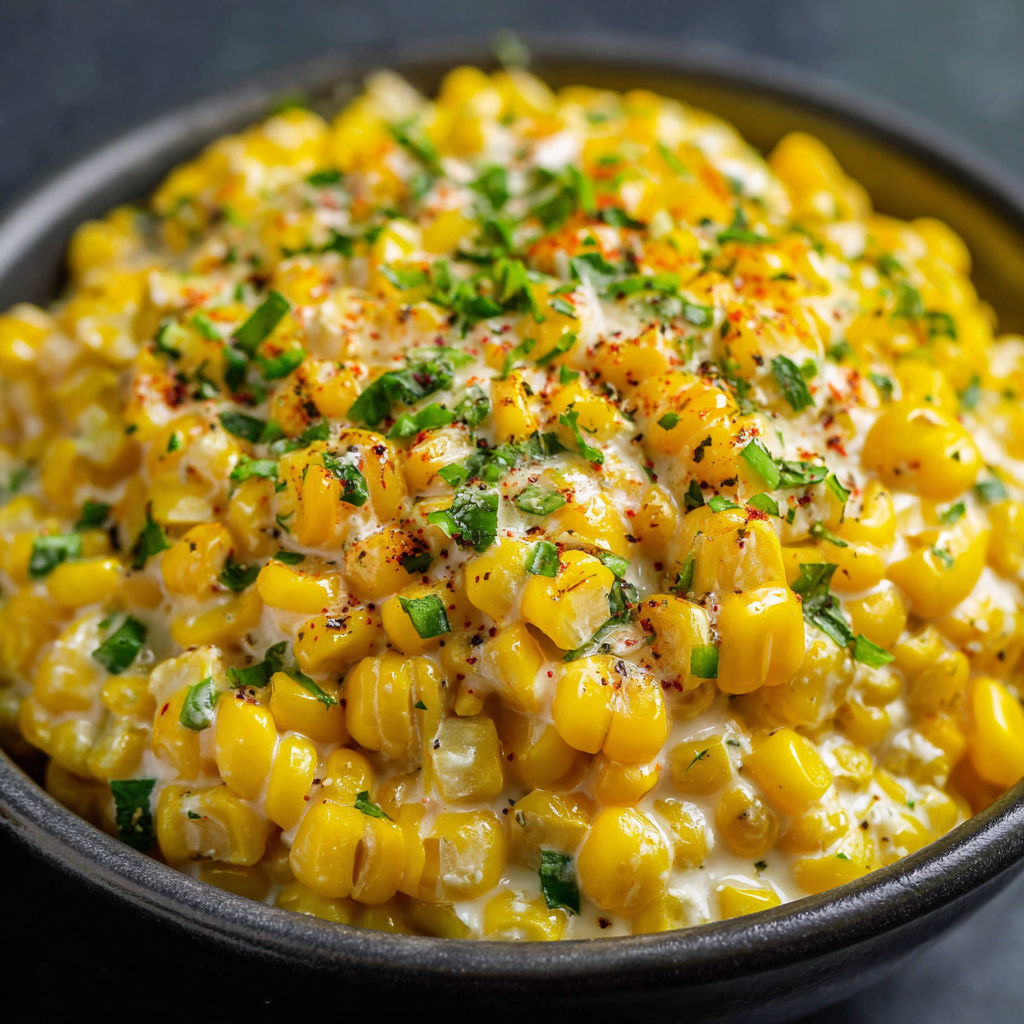 A bowl of corn with white sauce and green garnish.