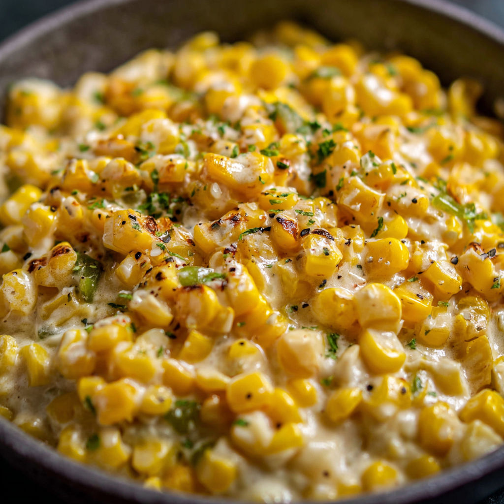 A bowl of corn and cheese, possibly a corn and cheese casserole, is displayed on a table.