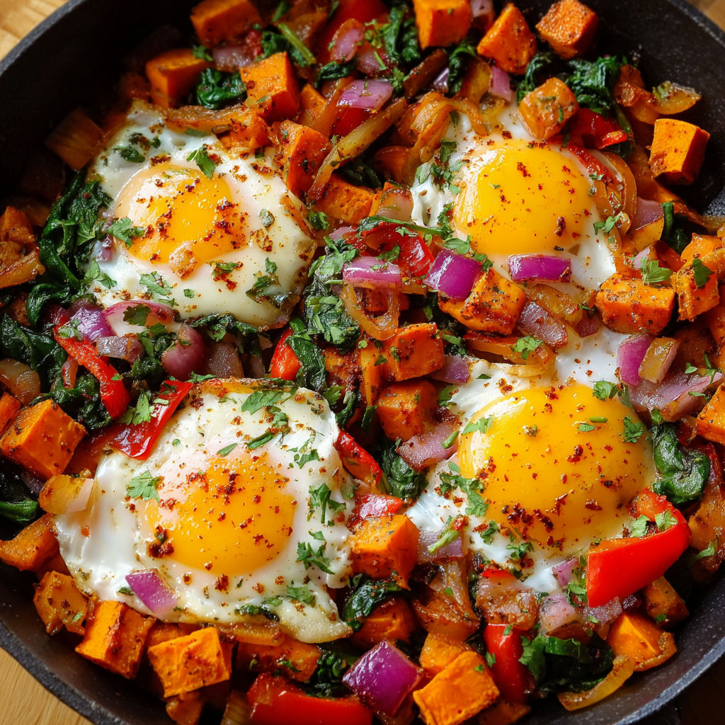 A delicious Sweet Potato Breakfast Hash is served in a black pan, featuring eggs, spinach, and other vegetables.