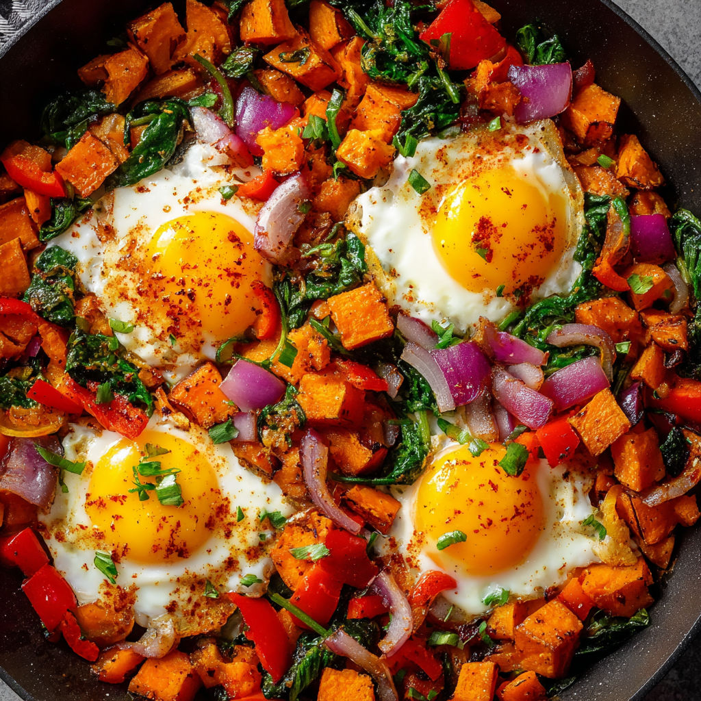 A dish with eggs, onions, and vegetables, including carrots and greens, is served in a black bowl.