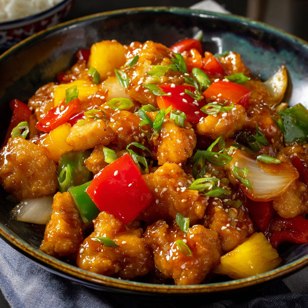 A bowl of Chinese Sweet and Sour Chicken is filled with a variety of vegetables and chicken.