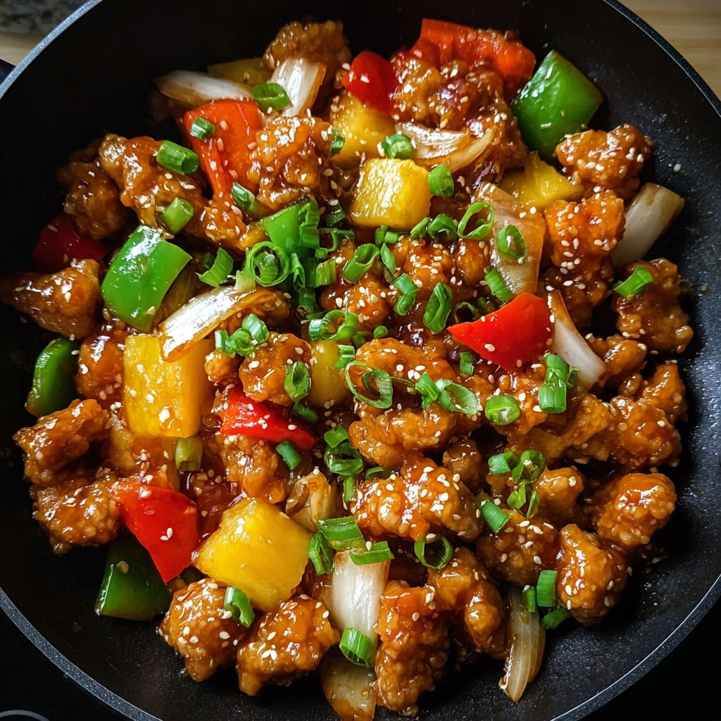 A delicious Chinese Sweet and Sour Chicken dish is served in a bowl, featuring a variety of vegetables and meat.
