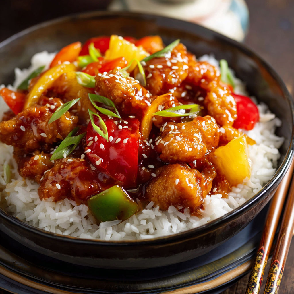A bowl of Chinese Sweet and Sour Chicken with rice and vegetables.