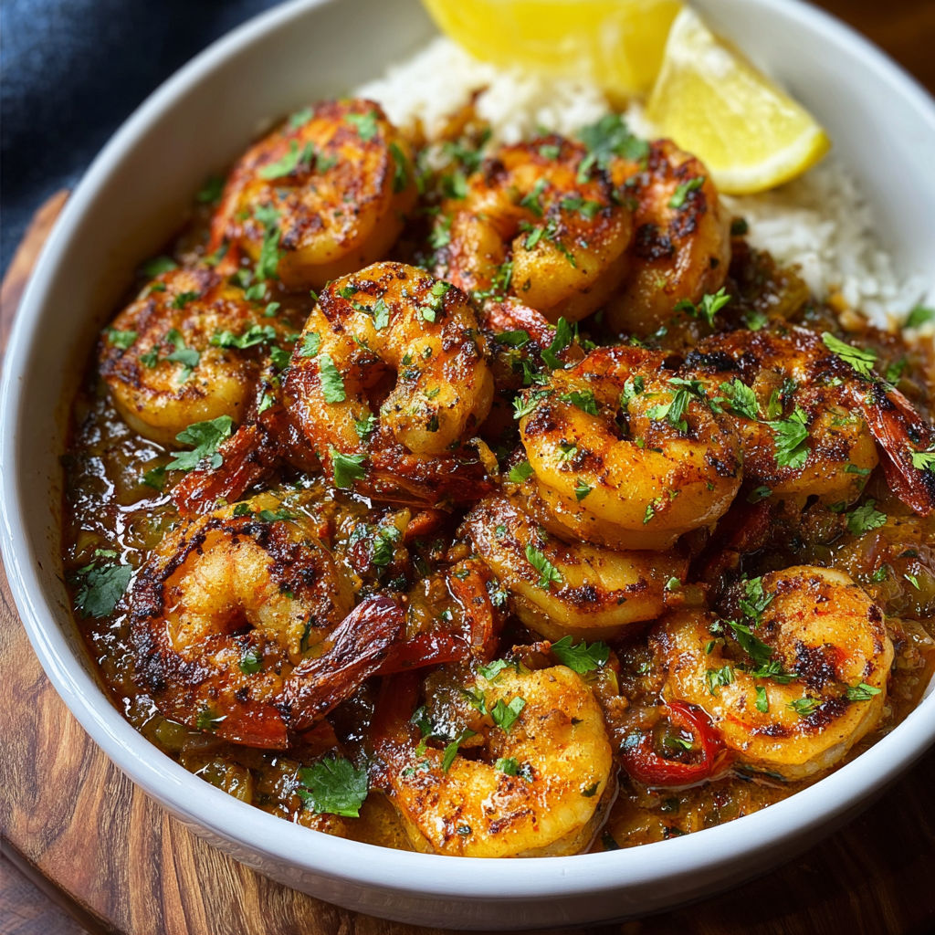A bowl of Spicy Voodoo Shrimp with a lemon wedge on the side.