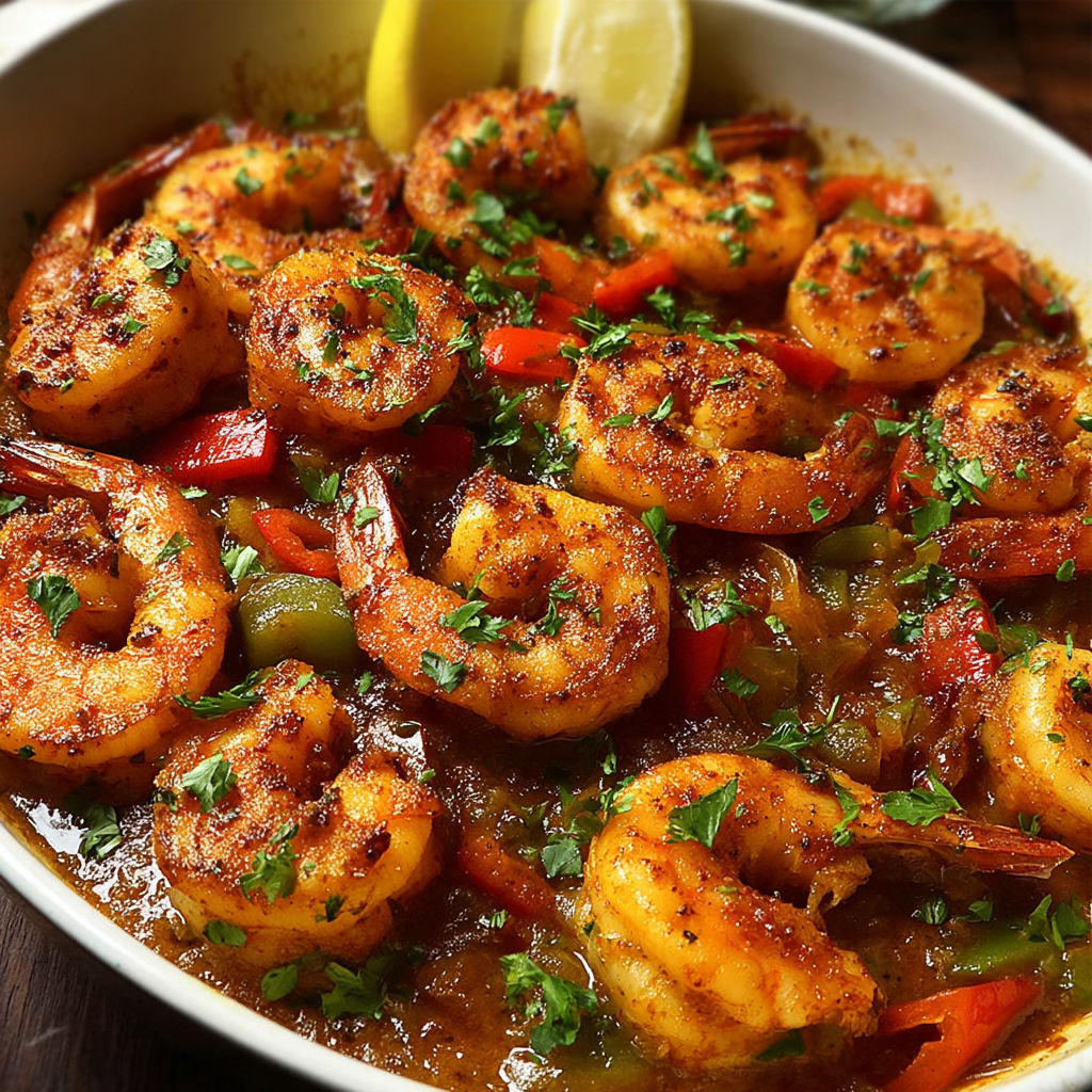 A bowl of shrimp and vegetables, including peppers and onions, is served in a spicy sauce.