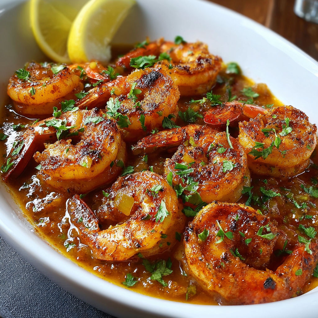 A white bowl filled with shrimp and lemon wedges, served with a side of sauce.