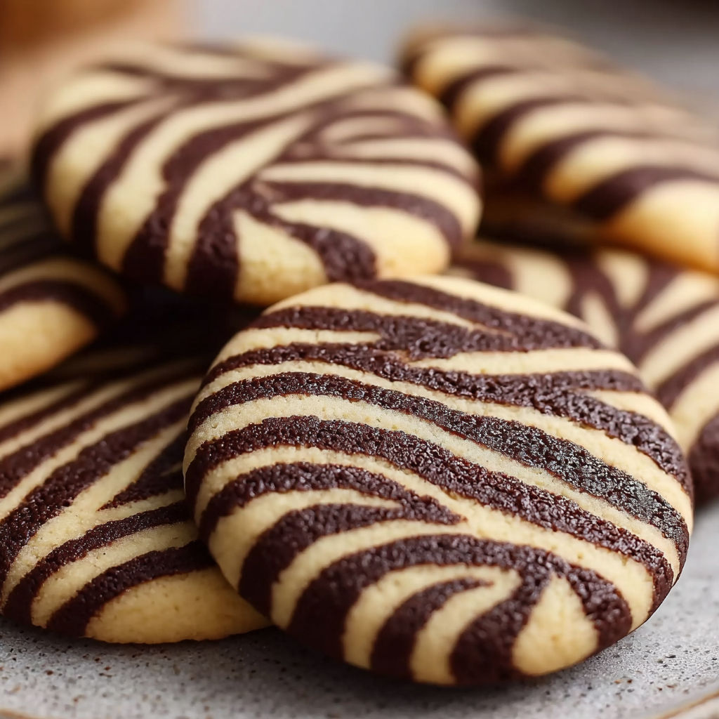 A plate of chocolate and vanilla zebra cookies.