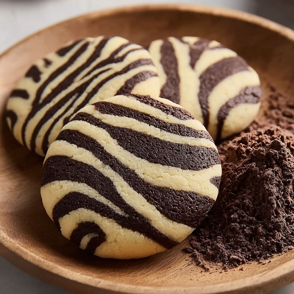 A plate of chocolate zebra cookies with a spoonful of cocoa powder on top.