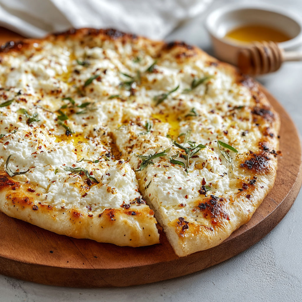 A pizza with white cheese and herbs on top.