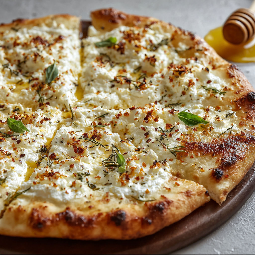 A pizza with white cheese and herbs on top.