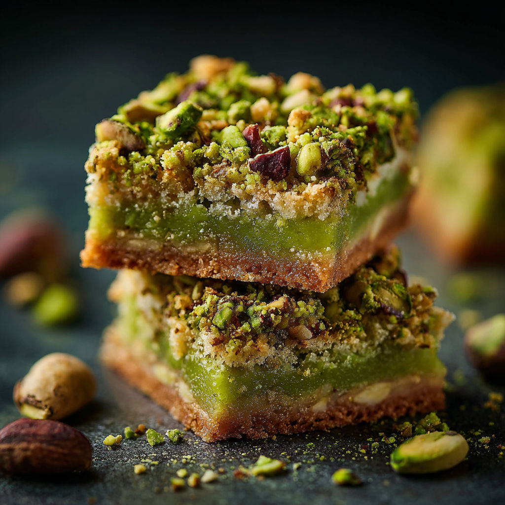 A close-up of a dessert with almonds and pistachios, possibly a green dessert bar.